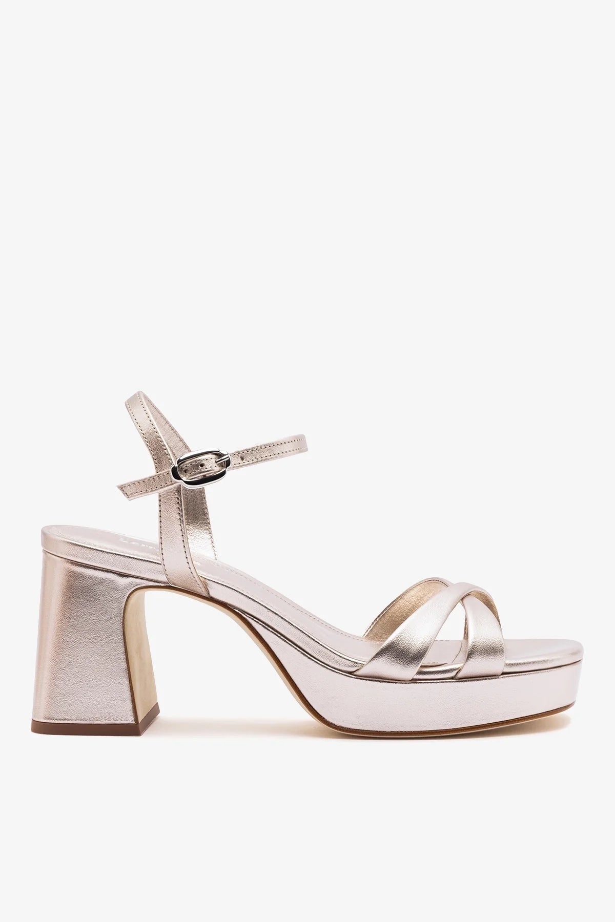 Champagne Metallic Leather Block Heel Platform Sandal