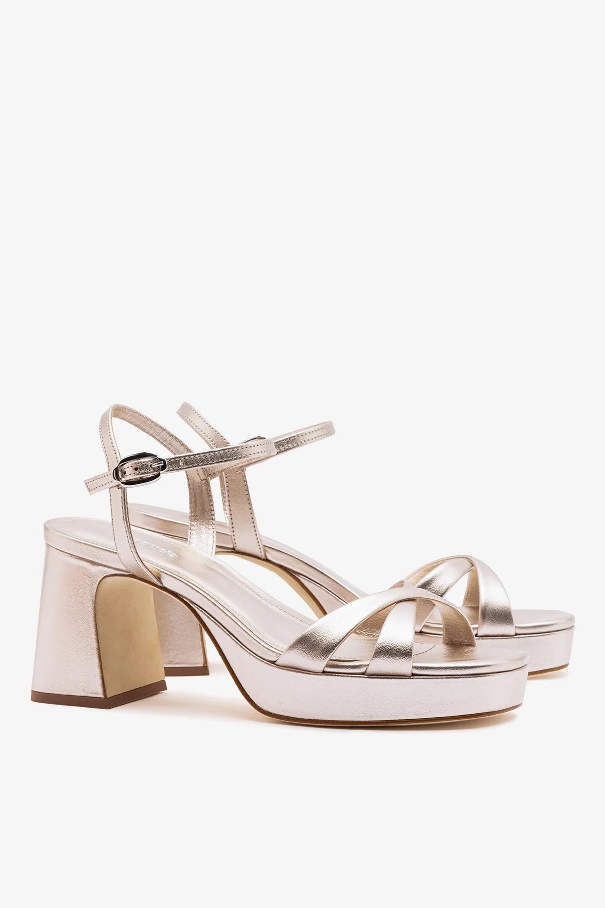 Champagne Metallic Leather Block Heel Platform Sandal