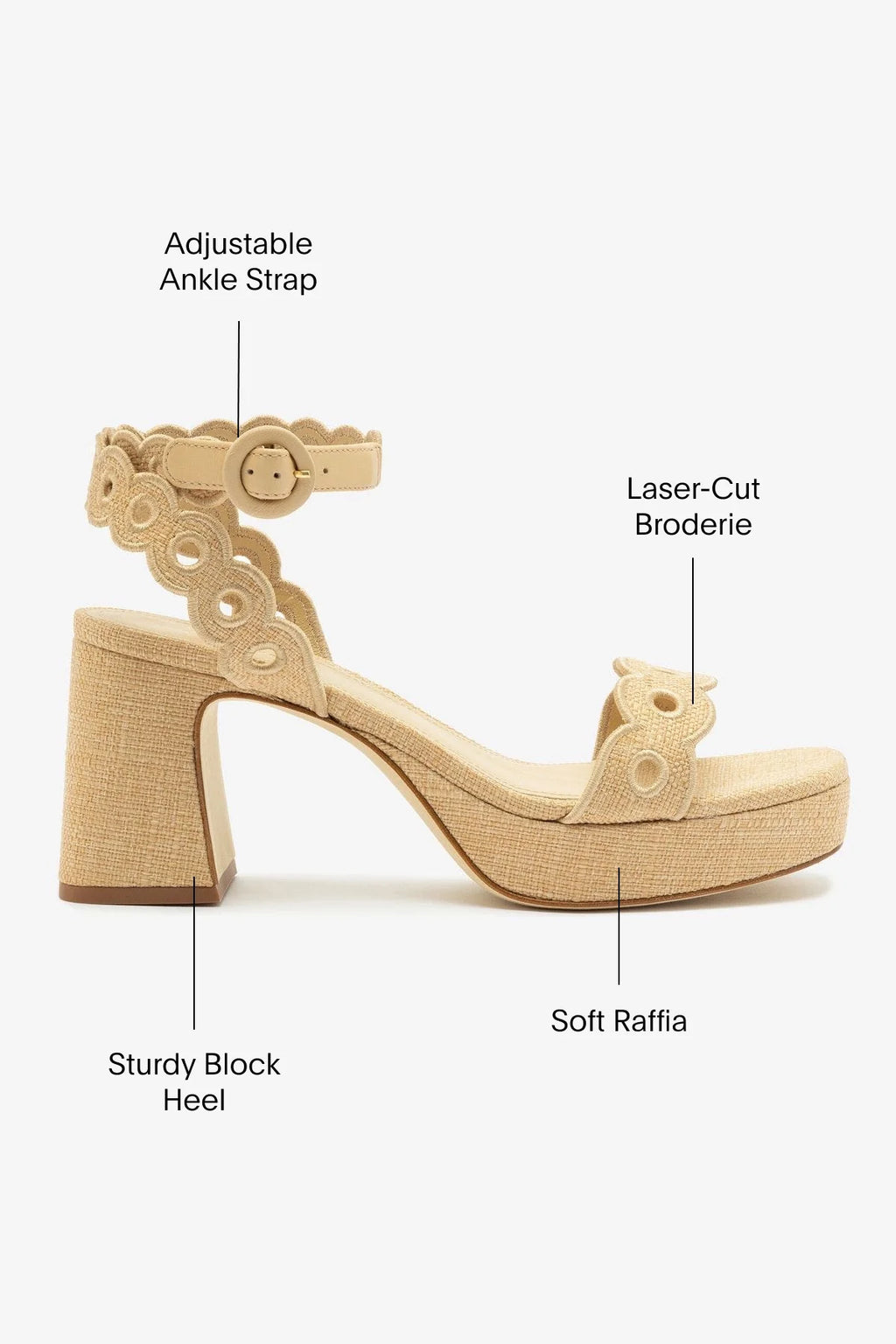 Beige Raffia Broderie Low Block Heel Platform Sandal