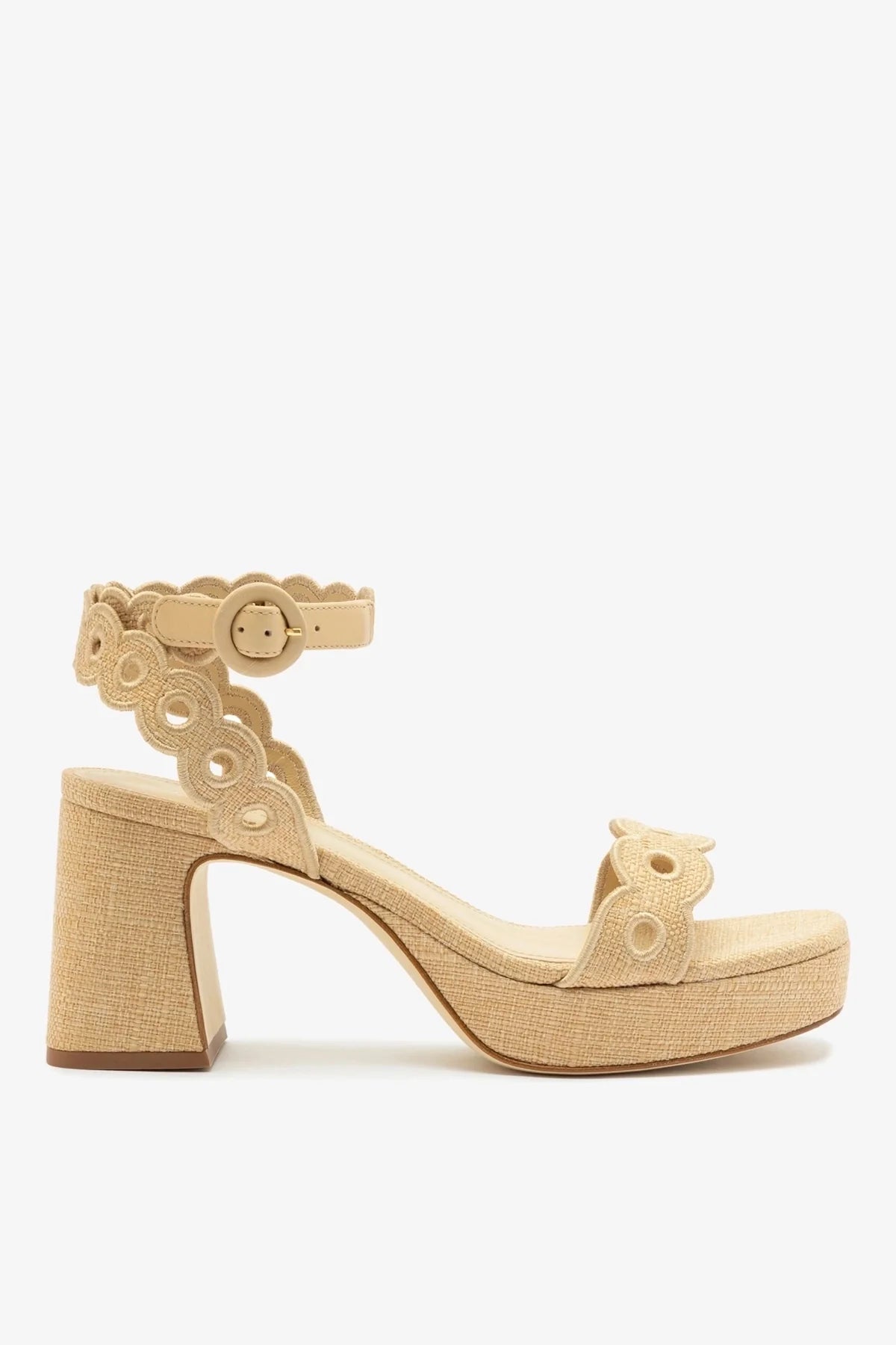 Beige Raffia Broderie Low Block Heel Platform Sandal