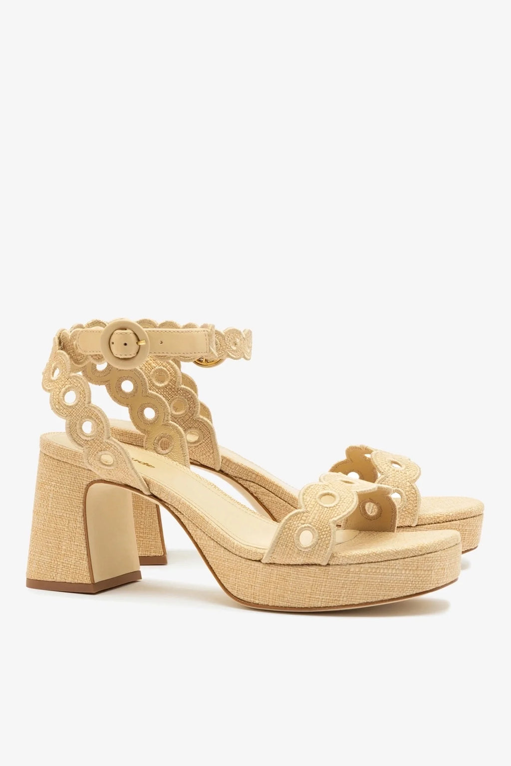 Beige Raffia Broderie Low Block Heel Platform Sandal