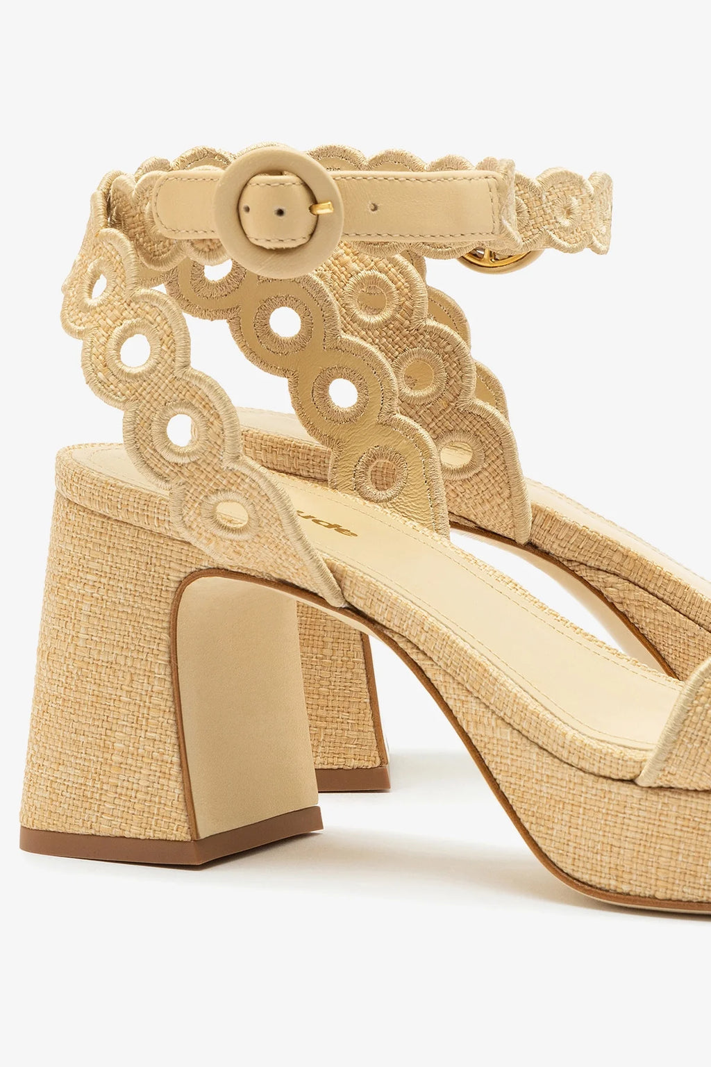 Beige Raffia Broderie Low Block Heel Platform Sandal