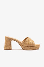 Natural and Beige Raffia Low Block Heel Slip-On Mule
