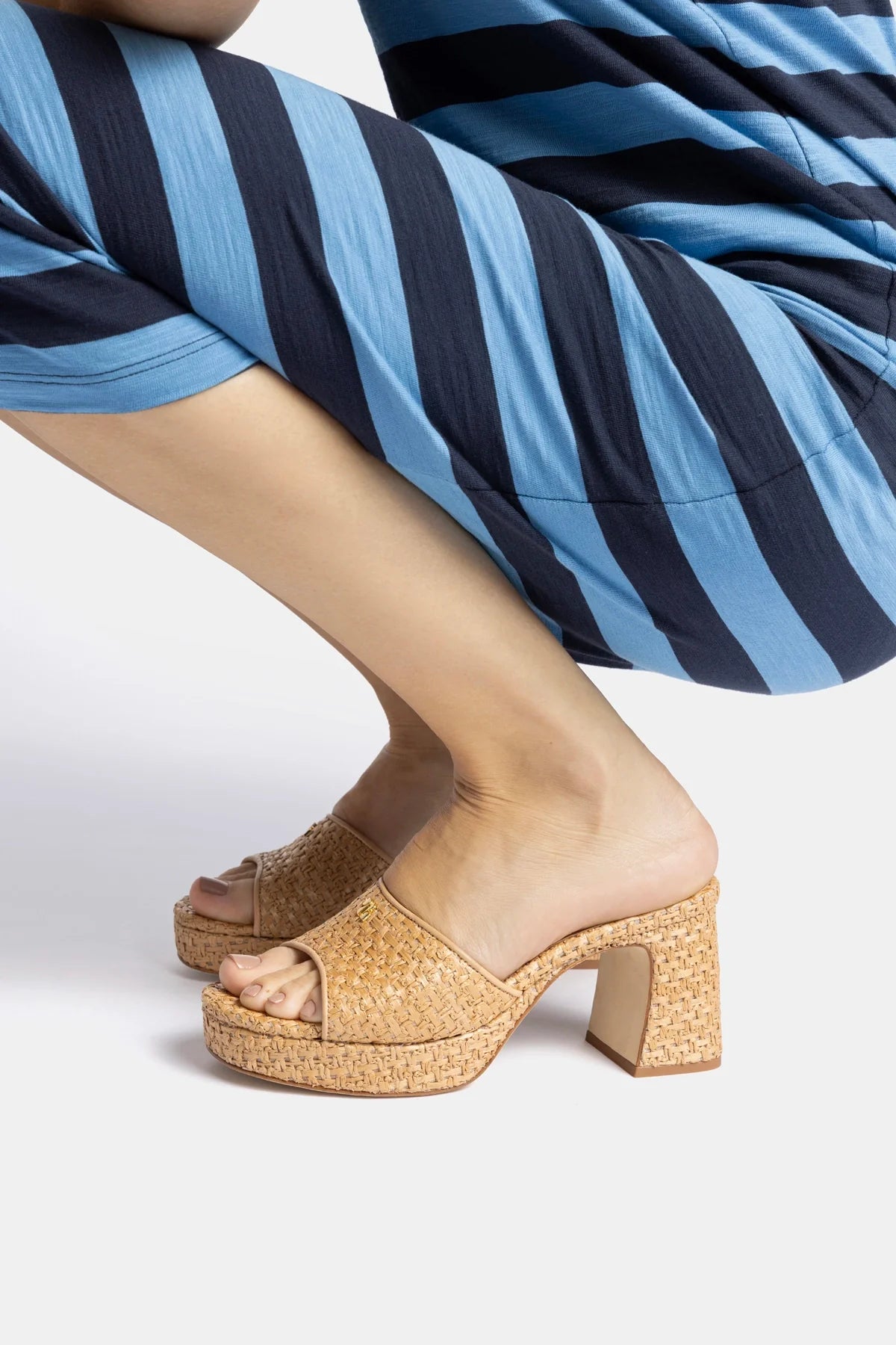 Natural and Beige Raffia Low Block Heel Slip-On Mule