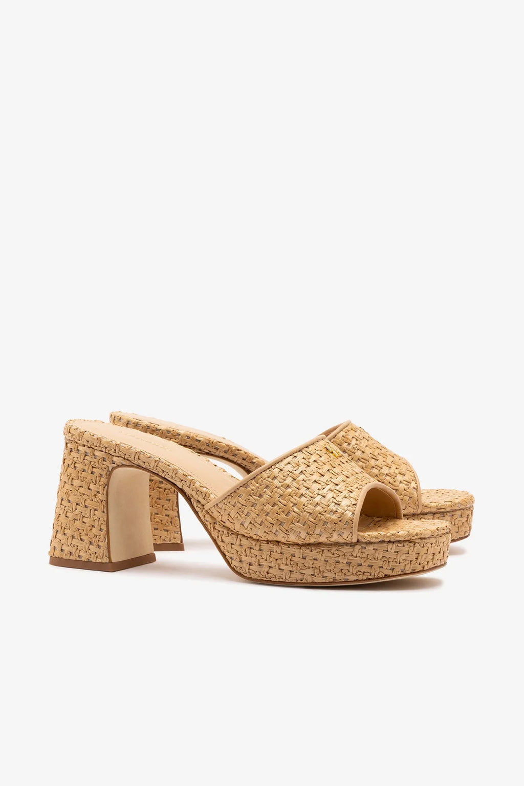 Natural and Beige Raffia Low Block Heel Slip-On Mule