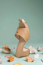 Natural and Beige Raffia Low Block Heel Slip-On Mule