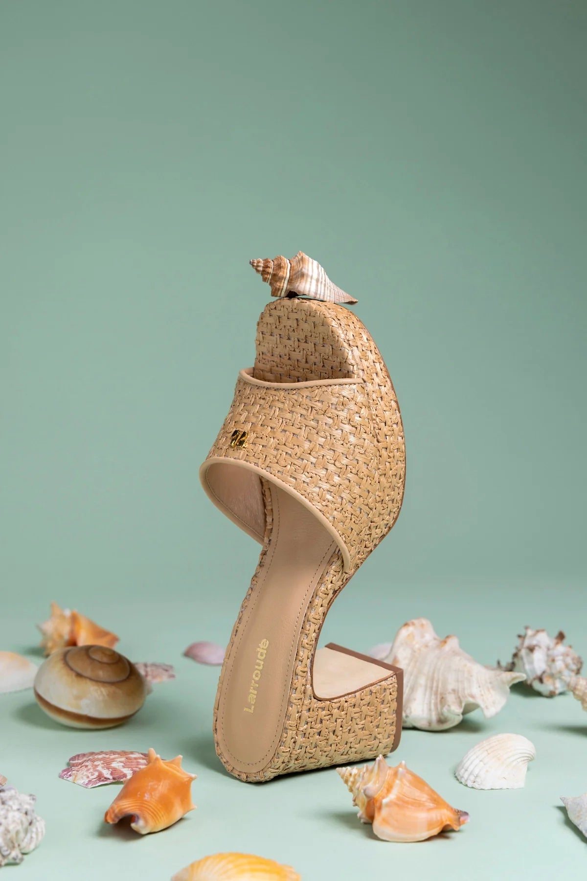 Natural and Beige Raffia Low Block Heel Slip-On Mule