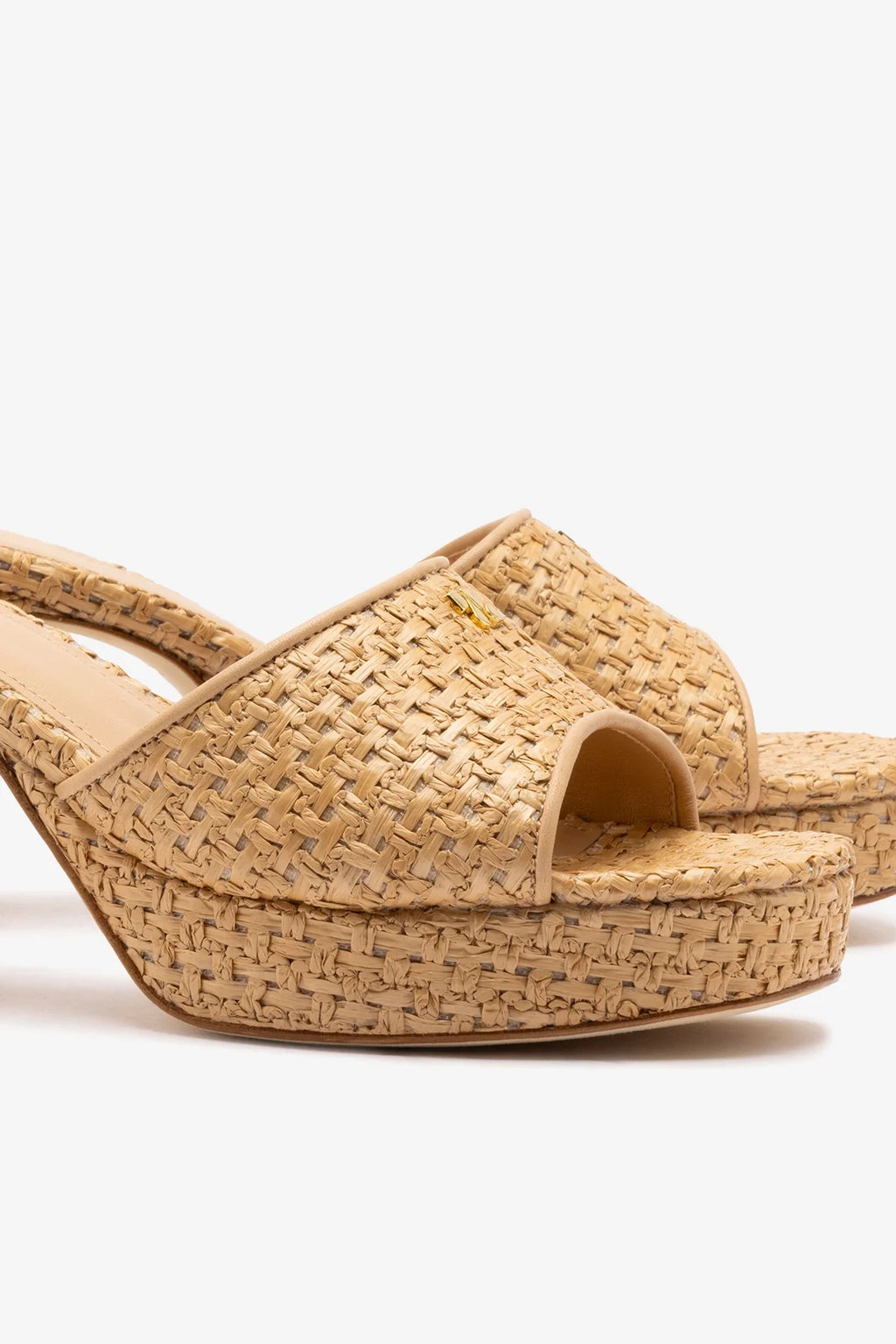 Natural and Beige Raffia Low Block Heel Slip-On Mule