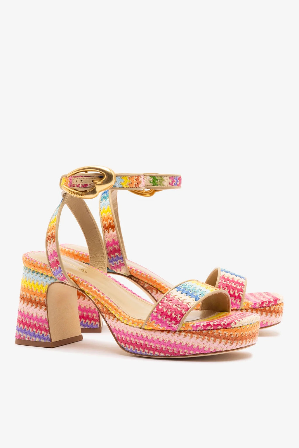 Rainbow Raffia and Beige Leather Low Block Heel Platform Sandal