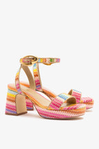 Rainbow Raffia and Beige Leather Low Block Heel Platform Sandal