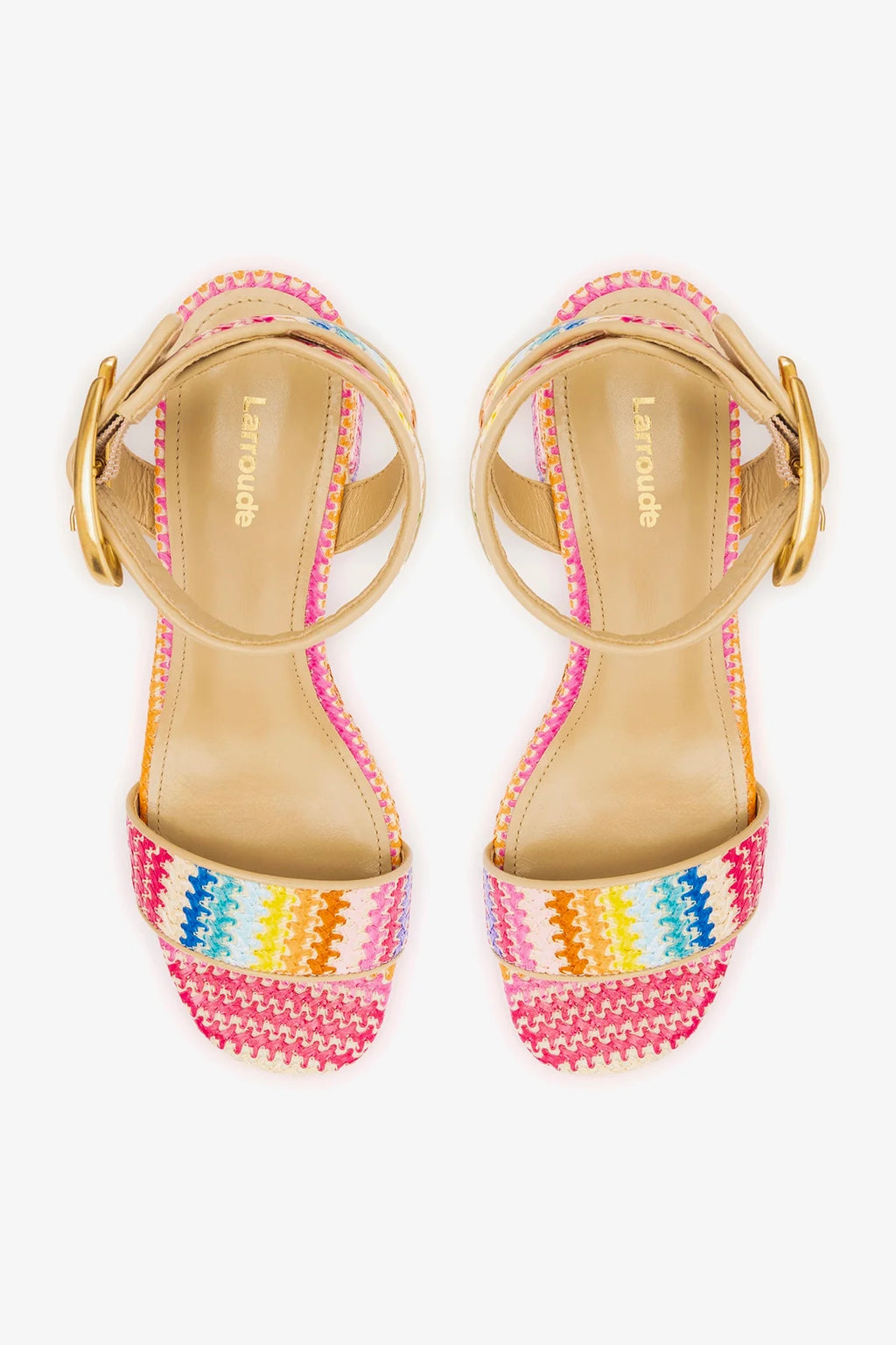 Rainbow Raffia and Beige Leather Low Block Heel Platform Sandal