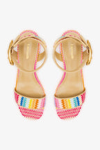 Rainbow Raffia and Beige Leather Low Block Heel Platform Sandal