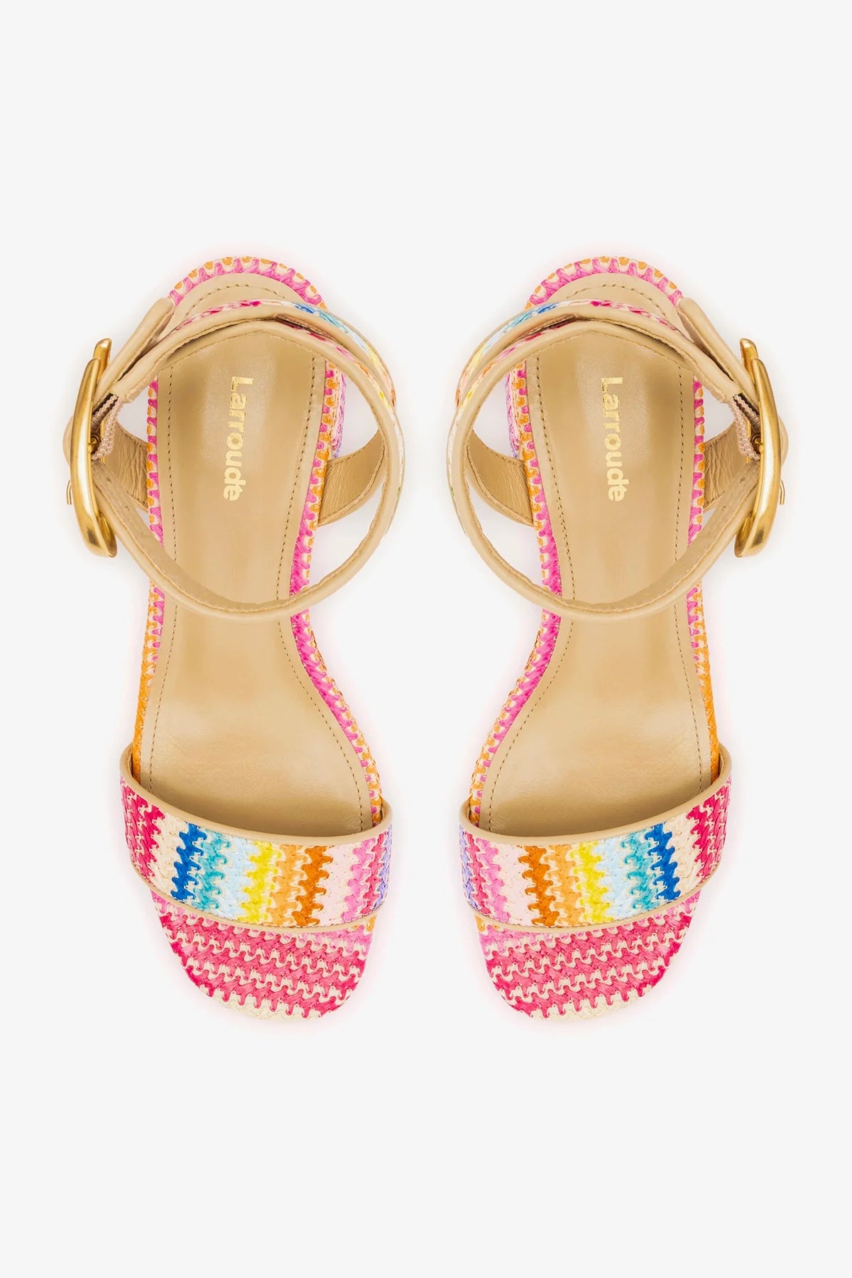 Rainbow Raffia and Beige Leather Low Block Heel Platform Sandal