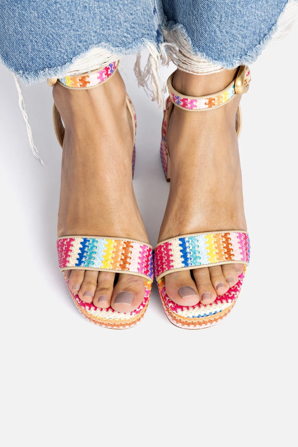 Rainbow Raffia and Beige Leather Low Block Heel Platform Sandal
