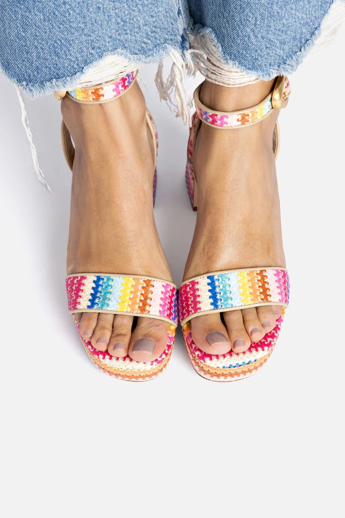 Rainbow Raffia and Beige Leather Low Block Heel Platform Sandal