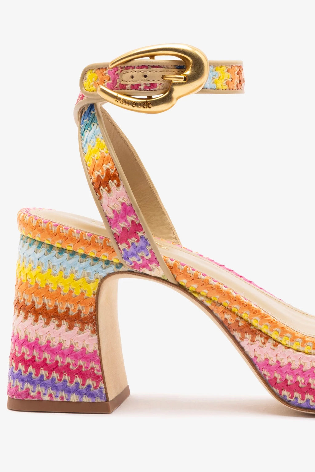 Rainbow Raffia and Beige Leather Low Block Heel Platform Sandal