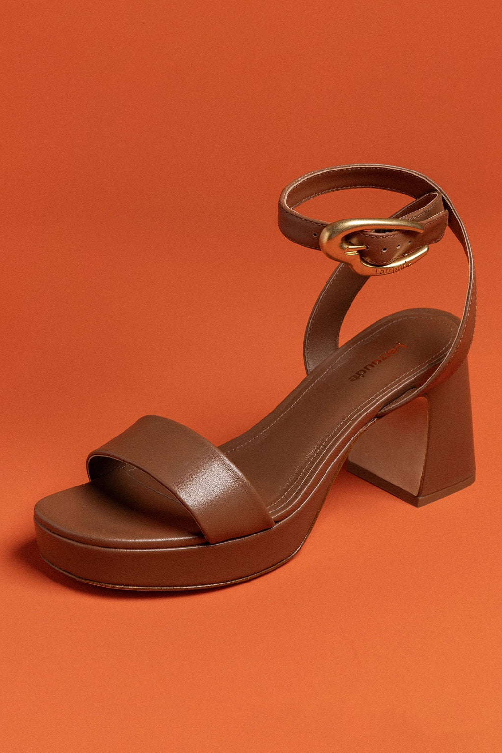 Caramel Leather Low Block Heel Platform Sandal