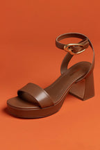 Caramel Leather Low Block Heel Platform Sandal