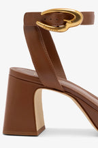 Caramel Leather Low Block Heel Platform Sandal