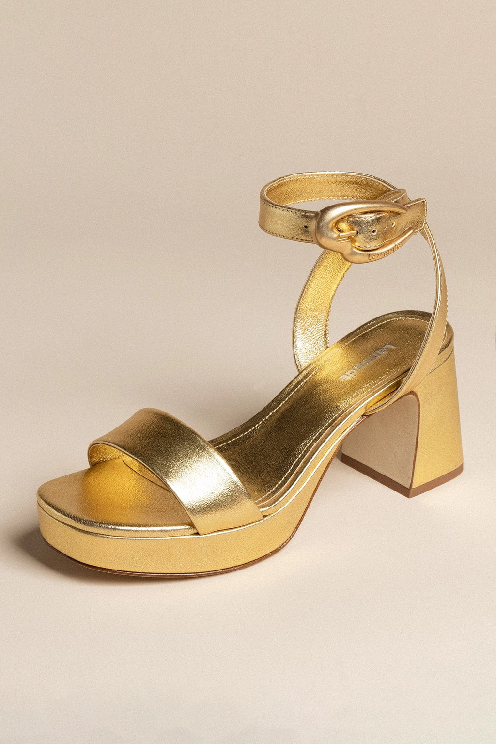 Gold Metallic Leather Low Block Heel Platform Sandal