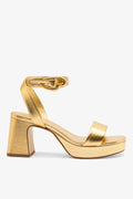 Gold Metallic Leather Low Block Heel Platform Sandal