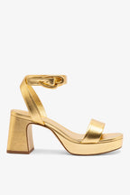 Gold Metallic Leather Low Block Heel Platform Sandal