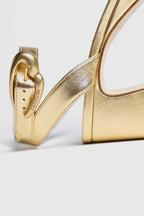 Gold Metallic Leather Low Block Heel Platform Sandal