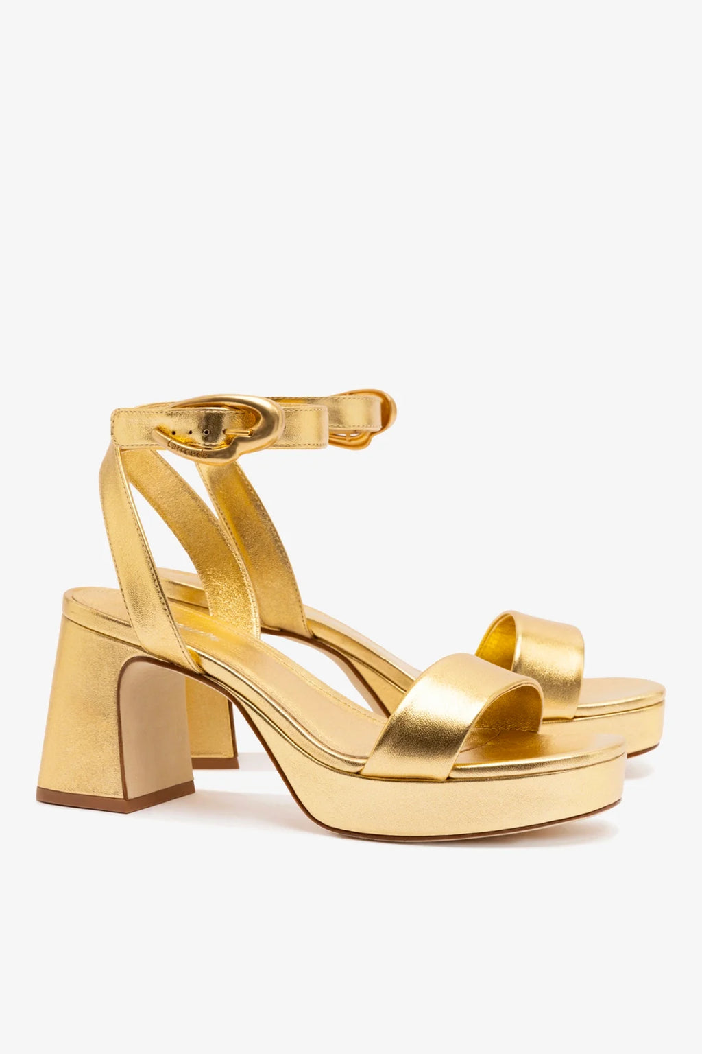 Gold Metallic Leather Low Block Heel Platform Sandal