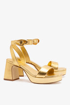 Gold Metallic Leather Low Block Heel Platform Sandal