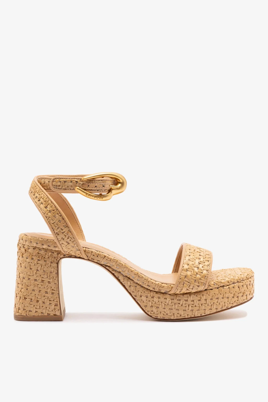 Natural Raffia and Beige Leather Low Block Heel Platform Sandal