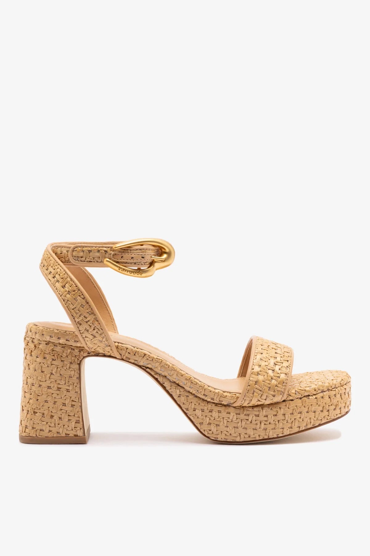 Natural Raffia and Beige Leather Low Block Heel Platform Sandal