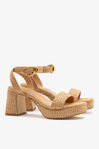 Natural Raffia and Beige Leather Low Block Heel Platform Sandal