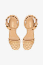 Natural Raffia and Beige Leather Low Block Heel Platform Sandal