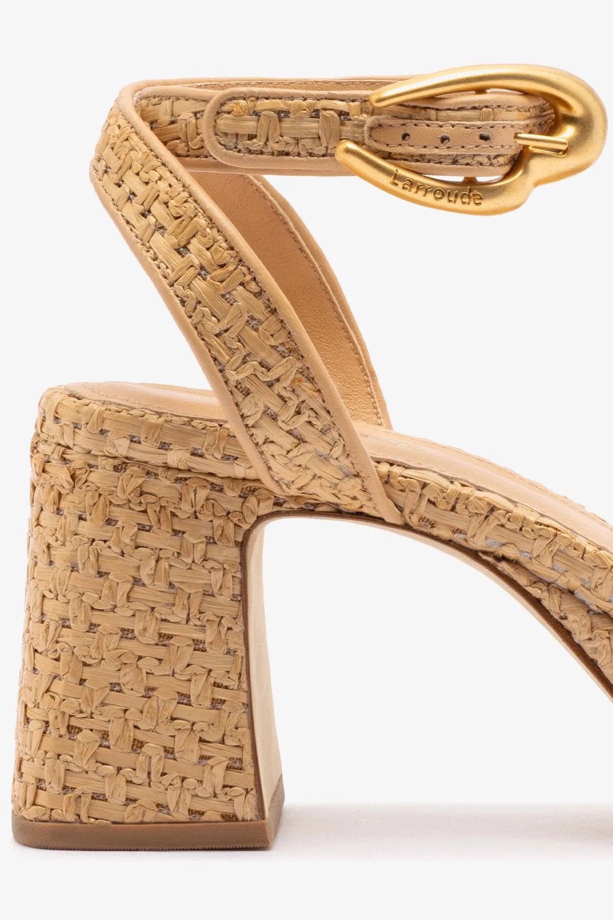 Natural Raffia and Beige Leather Low Block Heel Platform Sandal