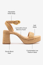Natural Raffia and Beige Leather Low Block Heel Platform Sandal
