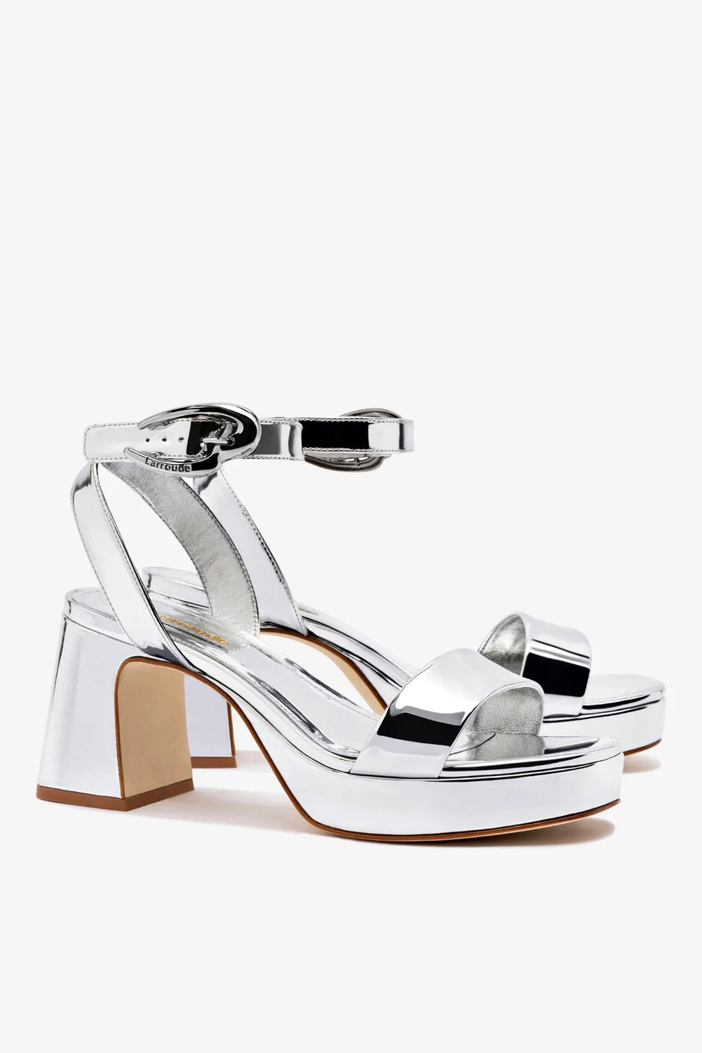 Silver Mirror Low Block Heel Platform Sandal