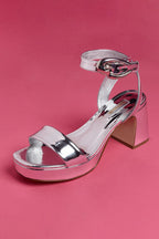 Silver Mirror Low Block Heel Platform Sandal