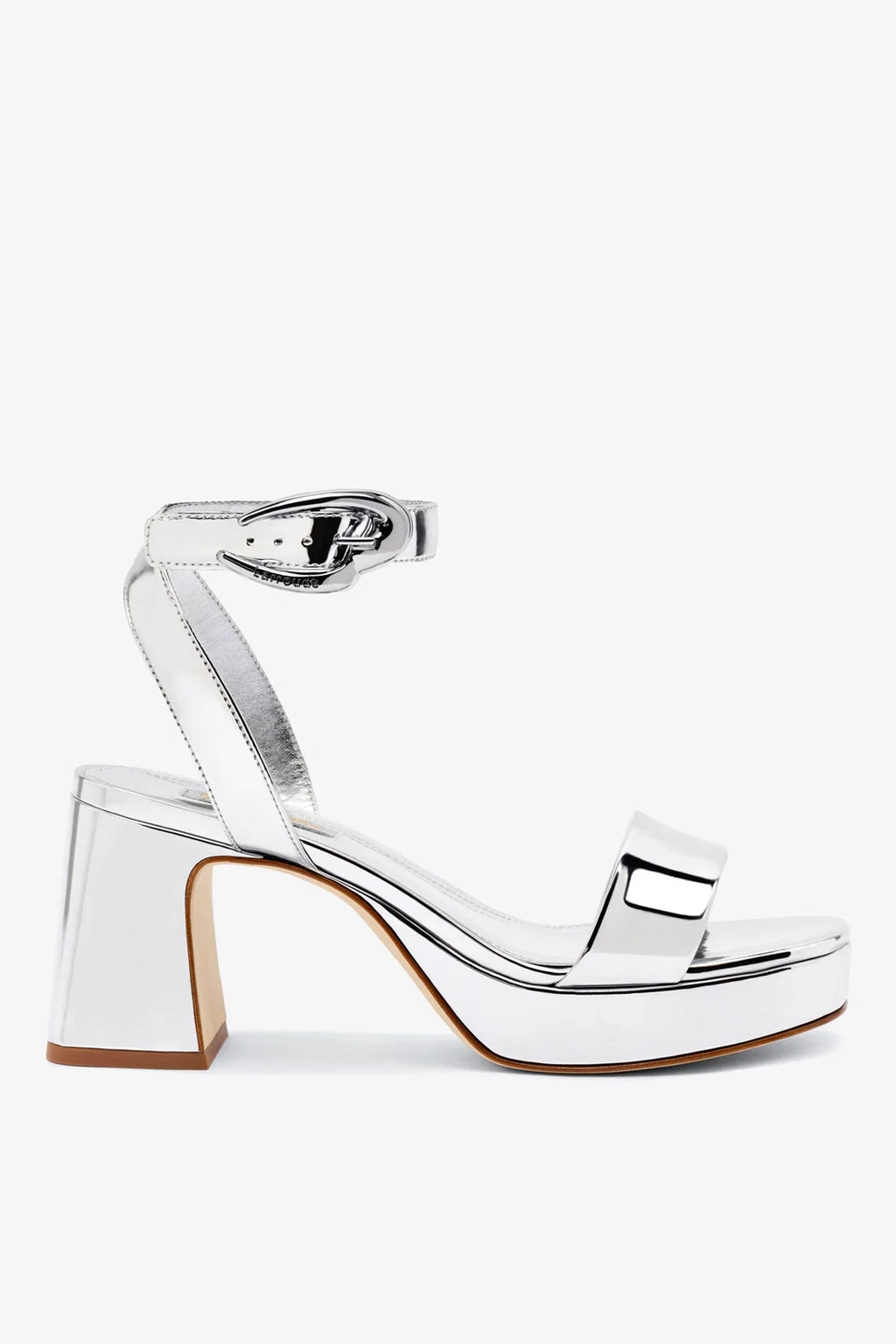 Silver Mirror Low Block Heel Platform Sandal