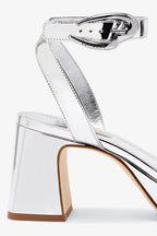 Silver Mirror Low Block Heel Platform Sandal