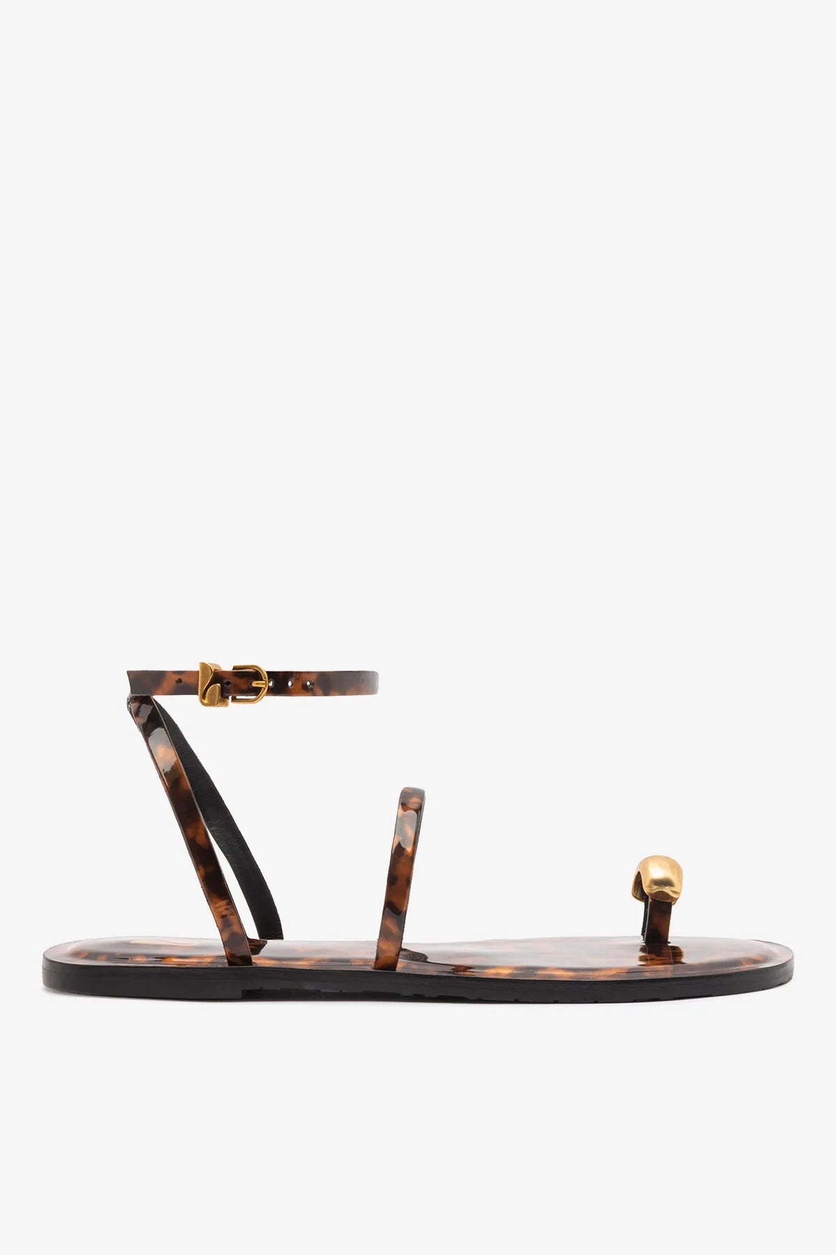 Tortoise Patent Leather Flat Sandal with Gold Toe Ring