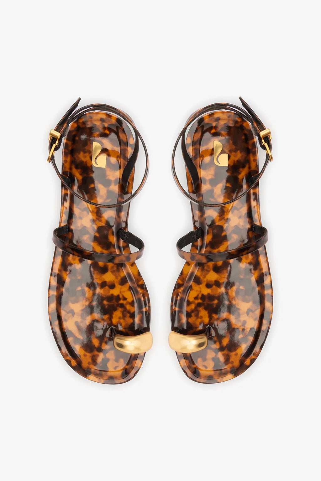 Tortoise Patent Leather Flat Sandal with Gold Toe Ring