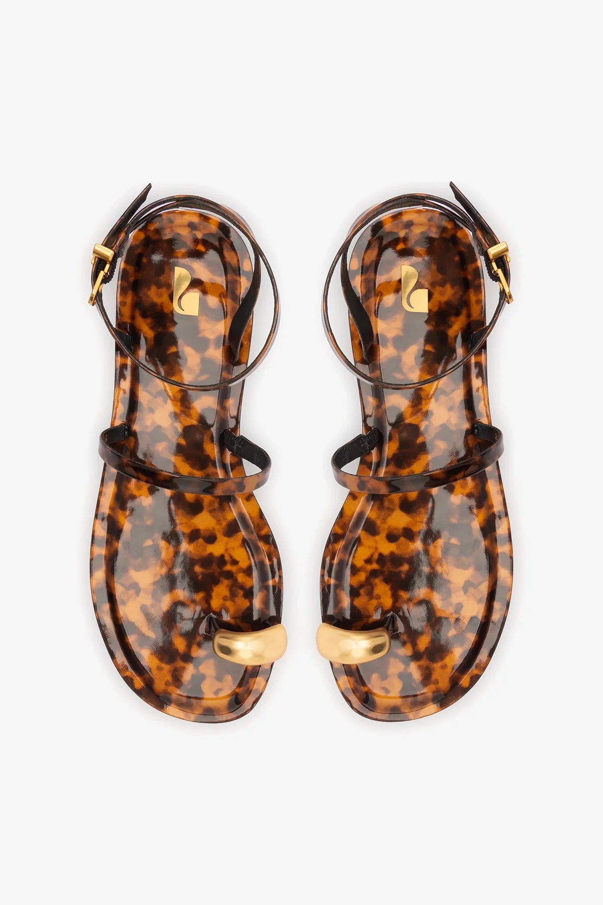 Tortoise Patent Leather Flat Sandal with Gold Toe Ring