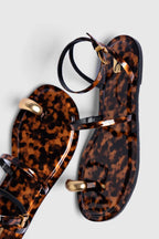 Tortoise Patent Leather Flat Sandal with Gold Toe Ring