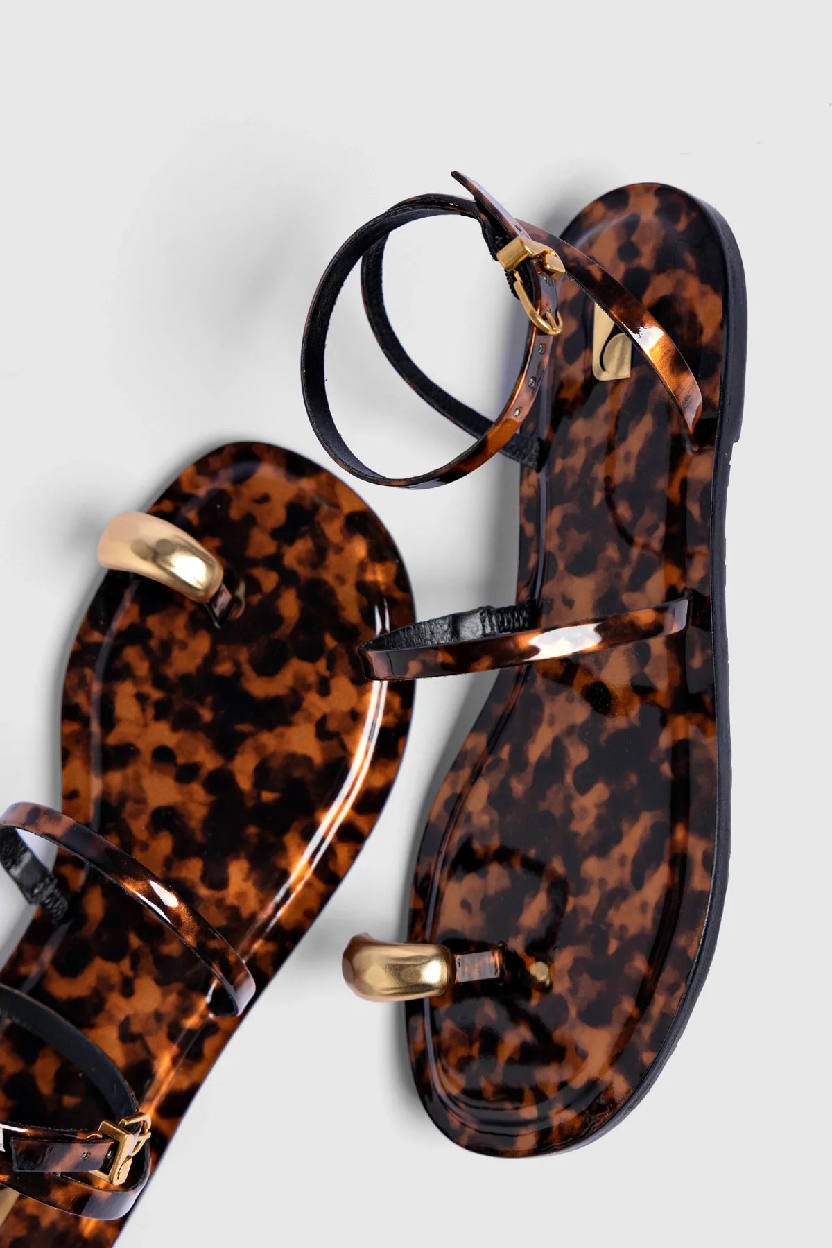 Tortoise Patent Leather Flat Sandal with Gold Toe Ring