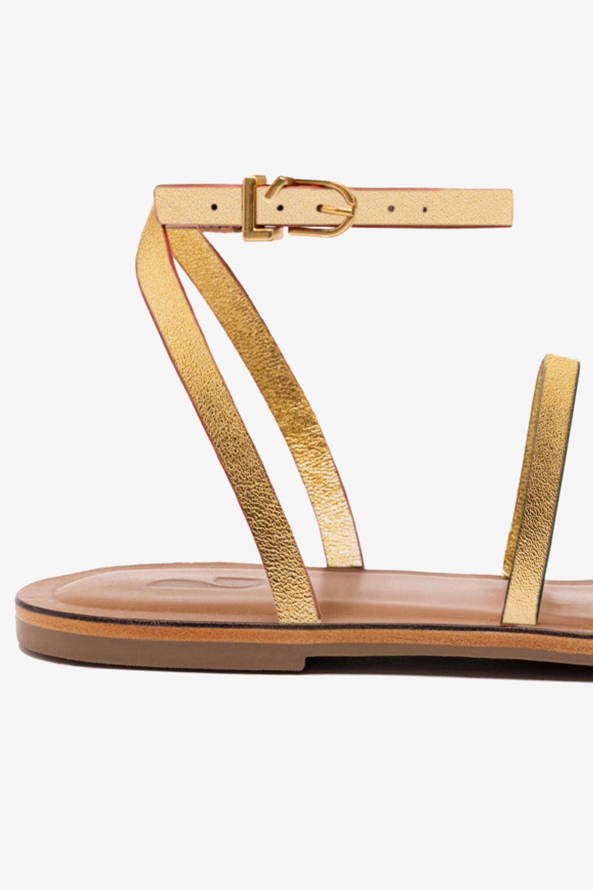 Gold Metallic Leather Flat Sandal with Ankle Strap