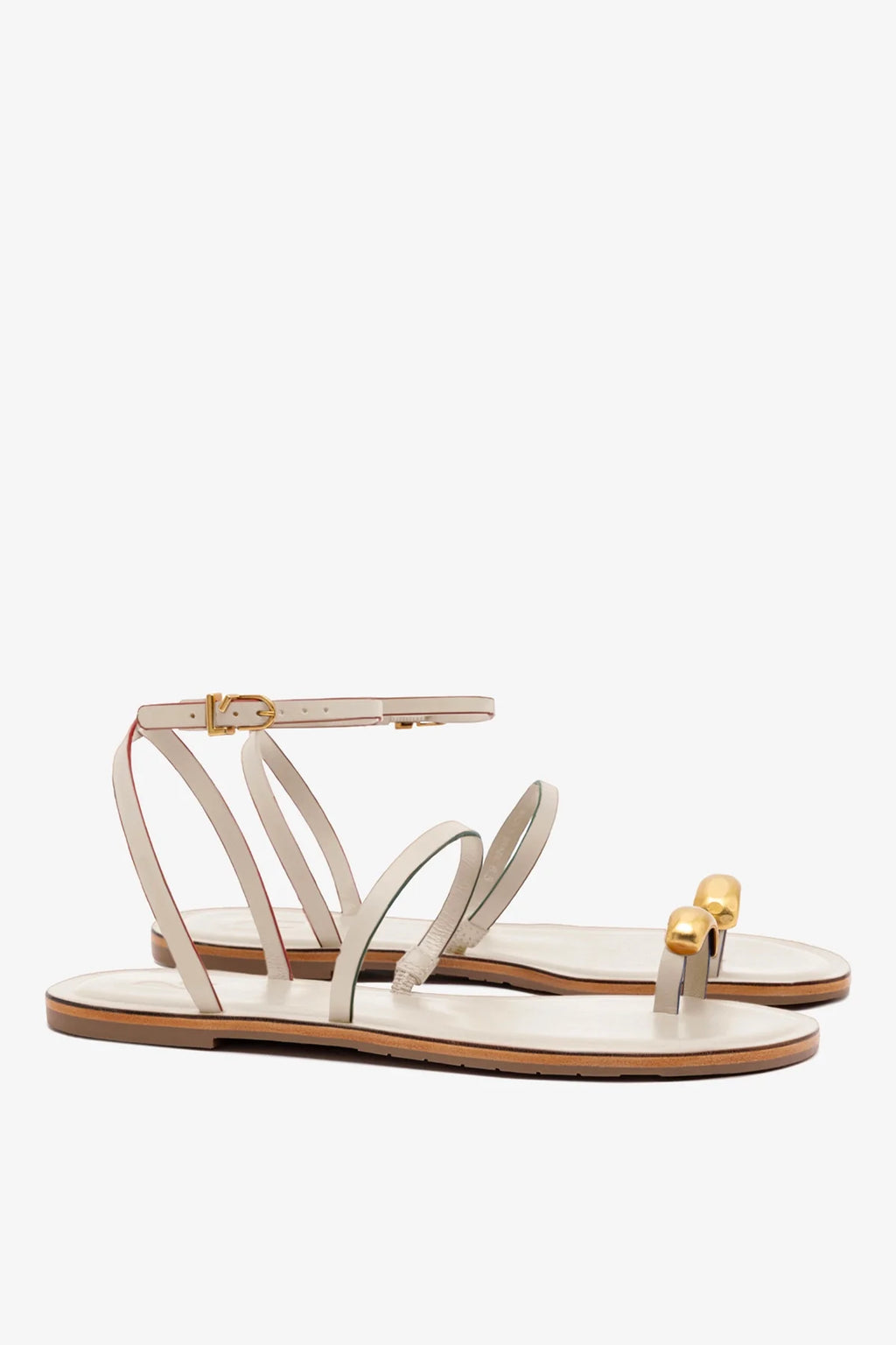 Ivory Leather Flat Sandal with Ankle Strap