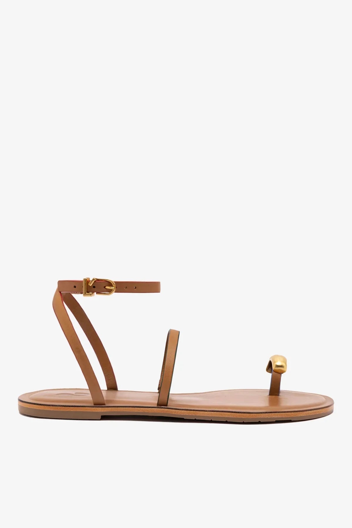 Light Caramel Leather Flat Sandal with Ankle Strap