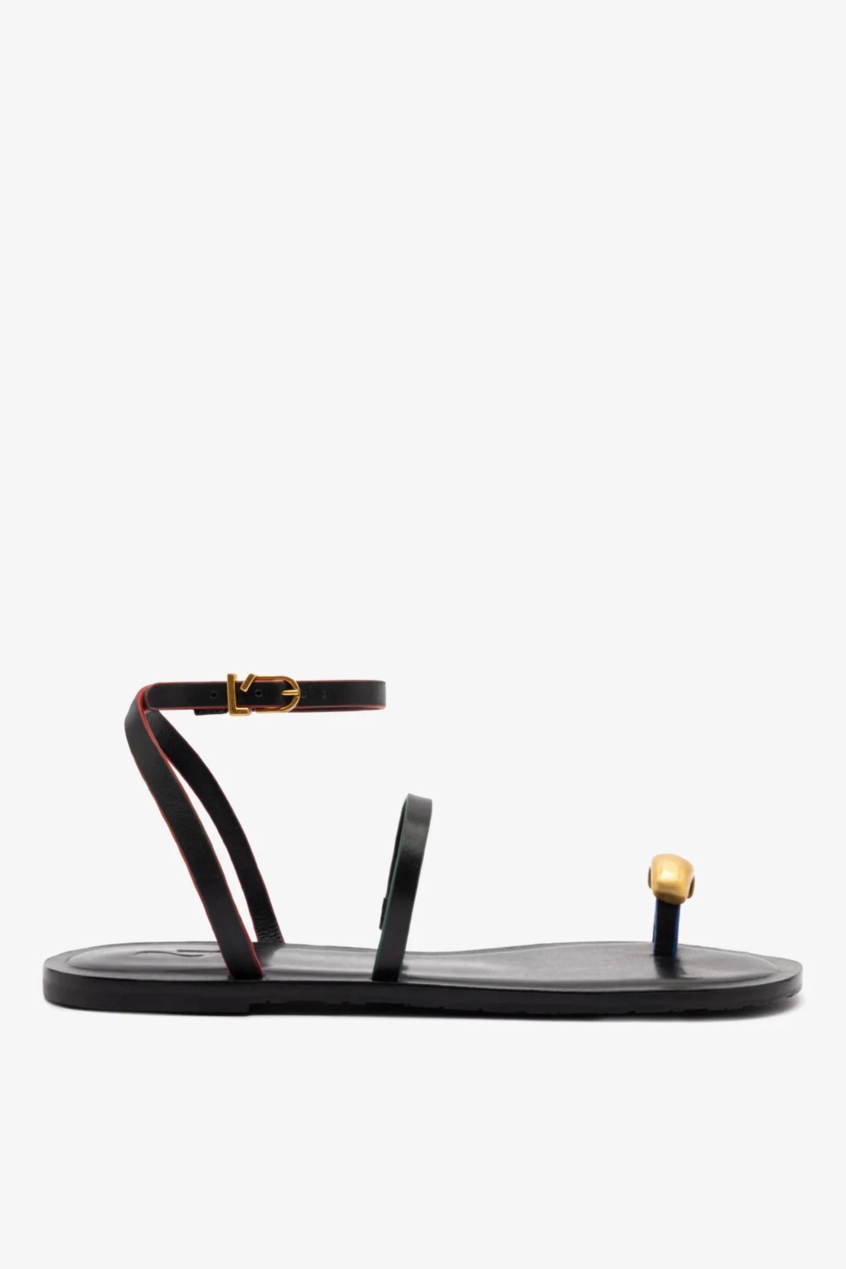 Black Leather Flat Sandal with Ankle Strap