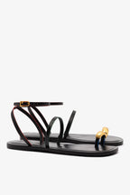 Black Leather Flat Sandal with Ankle Strap