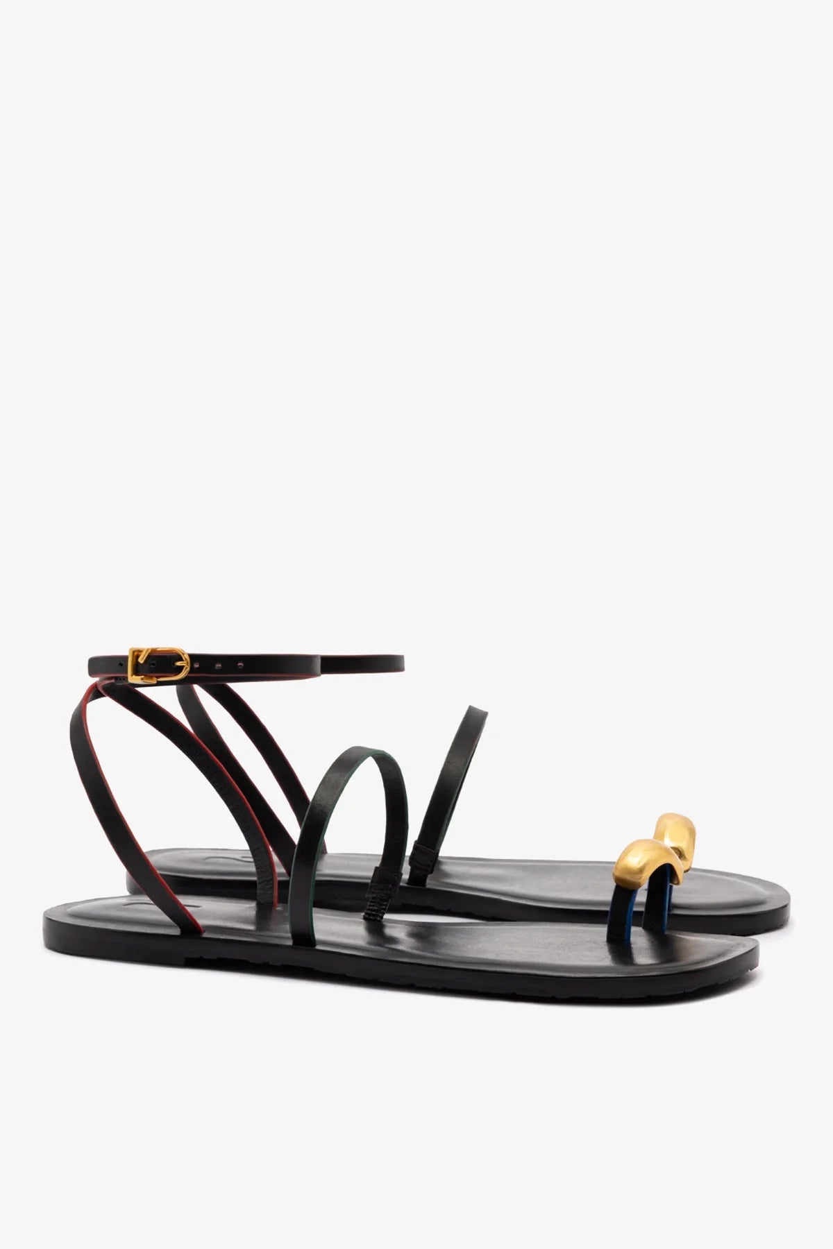 Black Leather Flat Sandal with Ankle Strap